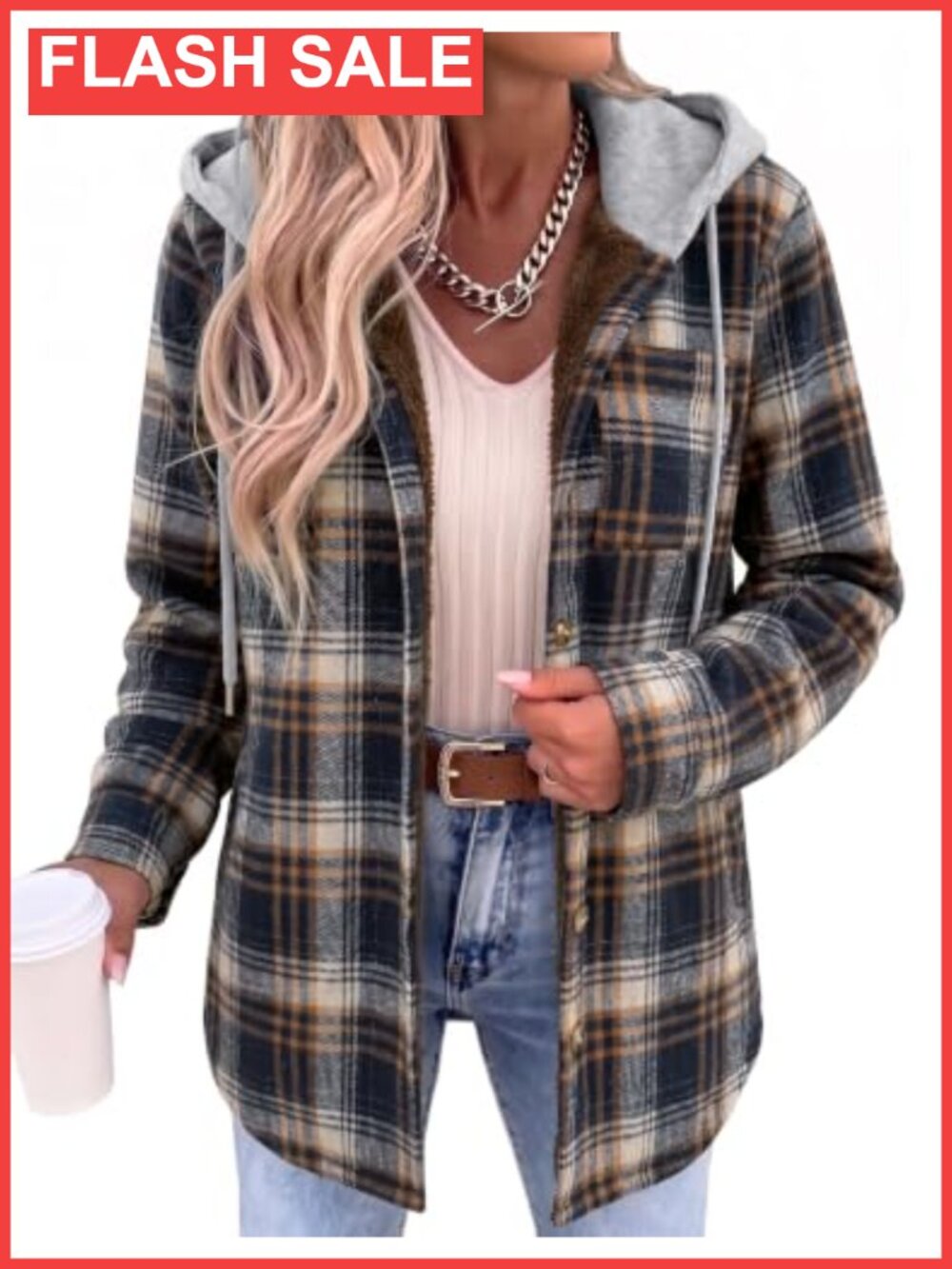 Zeagoo Women Plaid Fleece Hooded Shacket Winter Coat Warm Jacket